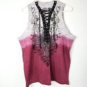 Affliction Ombre Lace Up Sleeveless Shirt XL Pink Gray Graphic Summer Tank Top